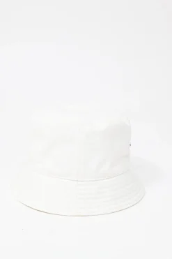 White ripstop polyamide bucket hat featuring enameled logo plaque appliqué