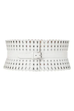 White studded laser-cut scalloped leather corset waist belt