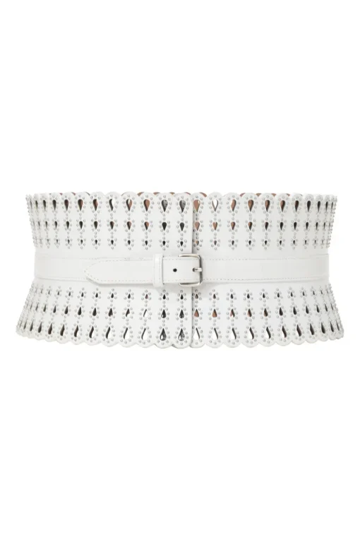 White studded laser-cut scalloped leather corset waist belt