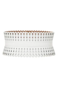 White studded laser-cut scalloped leather corset waist belt