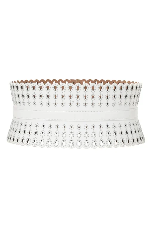 White studded laser-cut scalloped leather corset waist belt