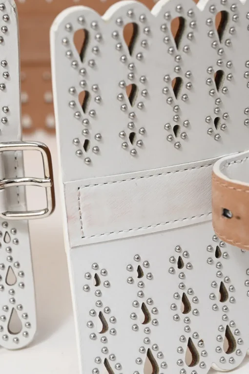 White studded laser-cut scalloped leather corset waist belt