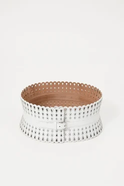White studded laser-cut scalloped leather corset waist belt