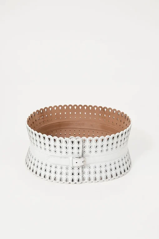 White studded laser-cut scalloped leather corset waist belt