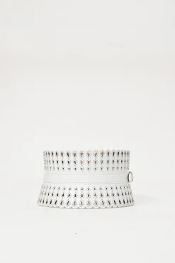 White studded laser-cut scalloped leather corset waist belt