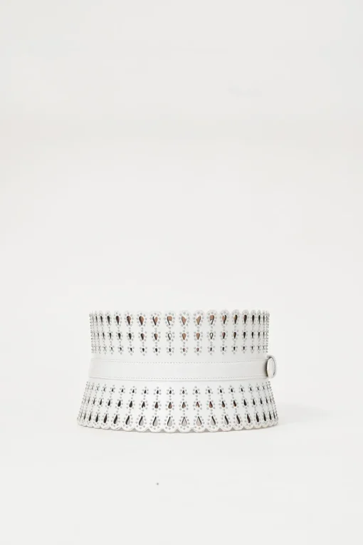 White studded laser-cut scalloped leather corset waist belt