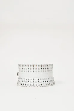 White studded laser-cut scalloped leather corset waist belt