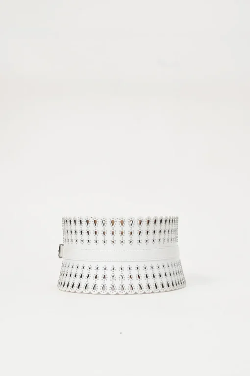 White studded laser-cut scalloped leather corset waist belt