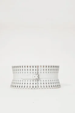 White studded laser-cut scalloped leather corset waist belt