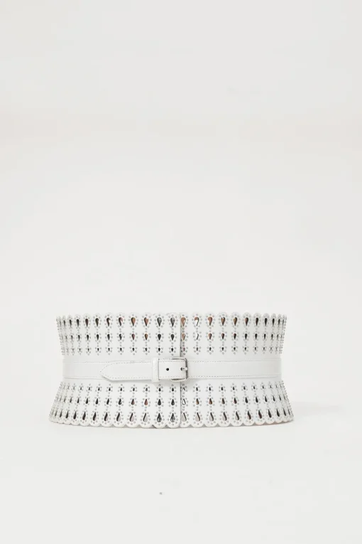 White studded laser-cut scalloped leather corset waist belt