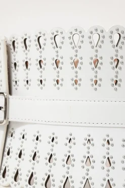 White studded laser-cut scalloped leather corset waist belt