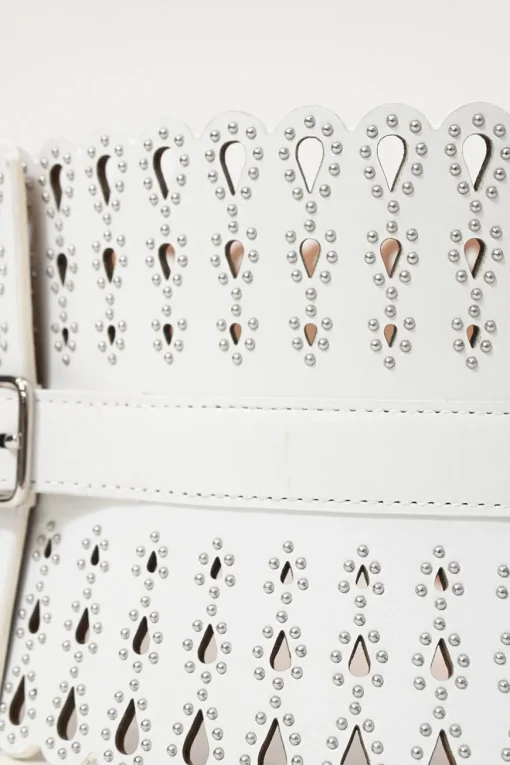 White studded laser-cut scalloped leather corset waist belt