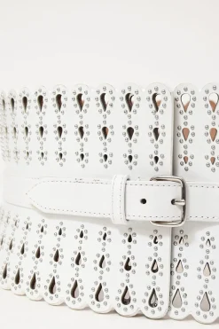 White studded laser-cut scalloped leather corset waist belt