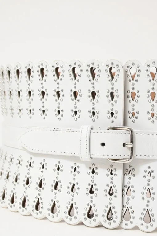 White studded laser-cut scalloped leather corset waist belt