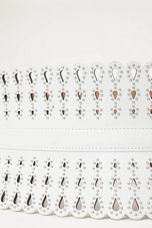 White studded laser-cut scalloped leather corset waist belt