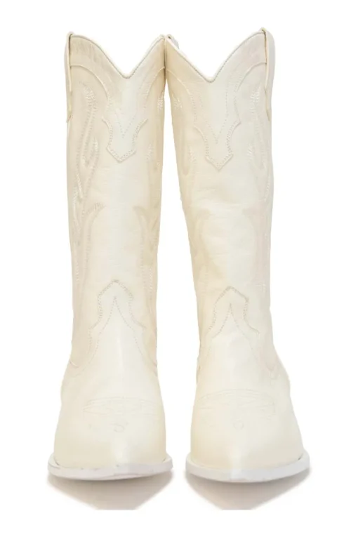 White topstitched leather Santa Fe pointed-toe tall Western boots
