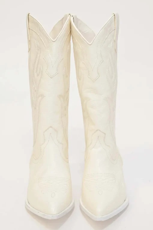 White topstitched leather Santa Fe pointed-toe tall Western boots
