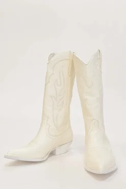 White topstitched leather Santa Fe pointed-toe tall Western boots