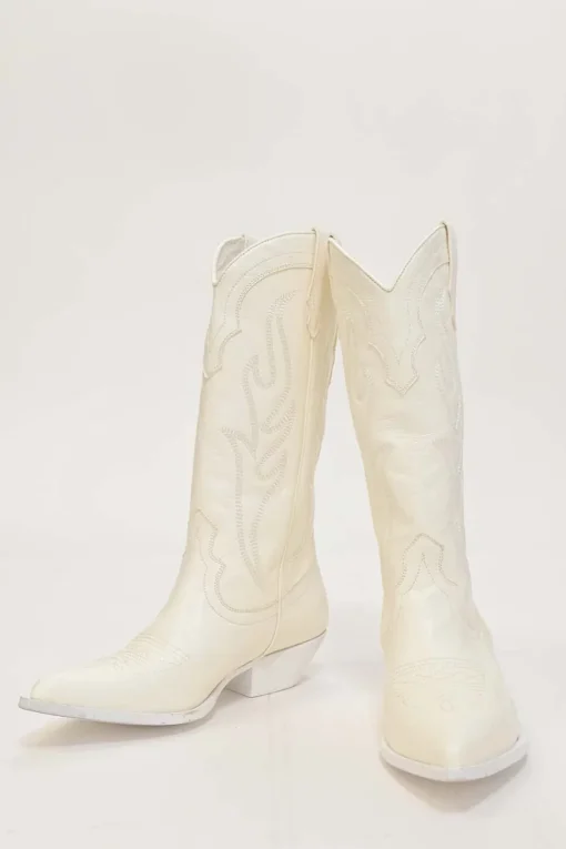 White topstitched leather Santa Fe pointed-toe tall Western boots