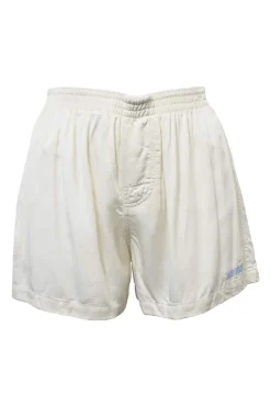 White viscose pull-on track shorts with elasticated waistband