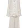 White viscose pyjama two-piece set featuring notch collar blouse and wide-leg lounge pants with detachable feather trim appliqué