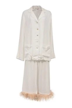 White viscose pyjama two-piece set featuring notch collar blouse and wide-leg lounge pants with detachable feather trim appliqué
