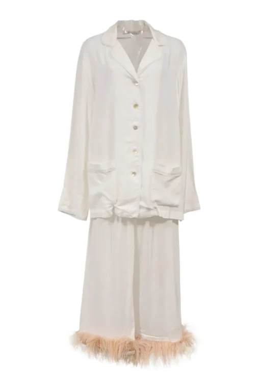 White viscose pyjama two-piece set featuring notch collar blouse and wide-leg lounge pants with detachable feather trim appliqué