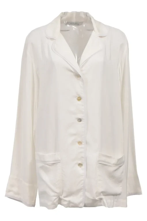 White viscose pyjama two-piece set featuring notch collar blouse and wide-leg lounge pants with detachable feather trim appliqué