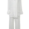 White viscose spread notch collar flounce sleeve shirt and pull-on trouser pyjama set