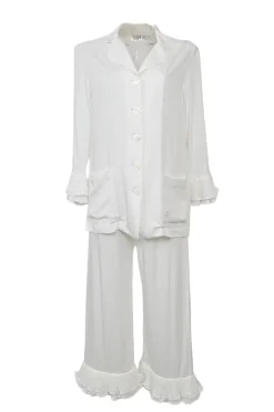 White viscose spread notch collar flounce sleeve shirt and pull-on trouser pyjama set