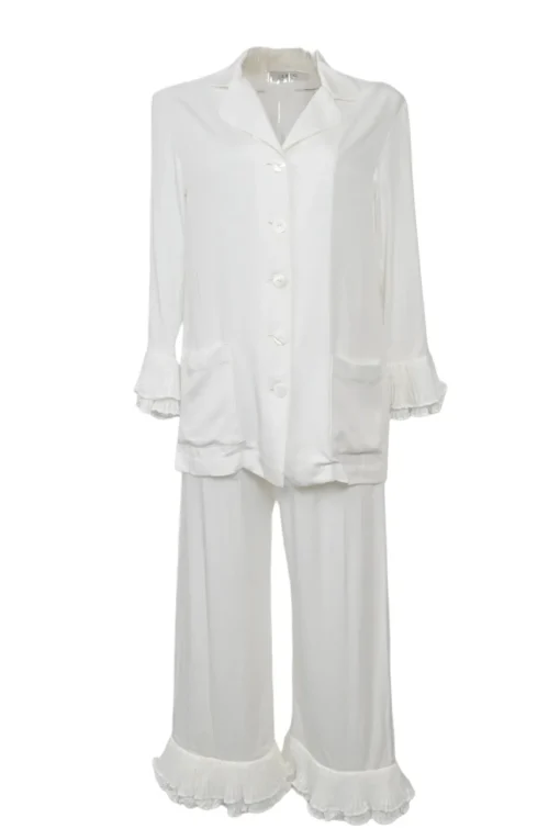White viscose spread notch collar flounce sleeve shirt and pull-on trouser pyjama set