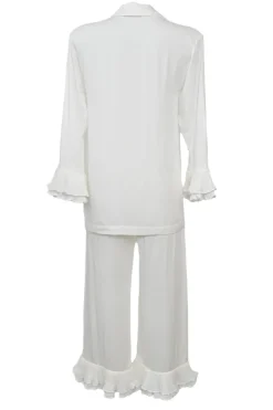 White viscose spread notch collar flounce sleeve shirt and pull-on trouser pyjama set