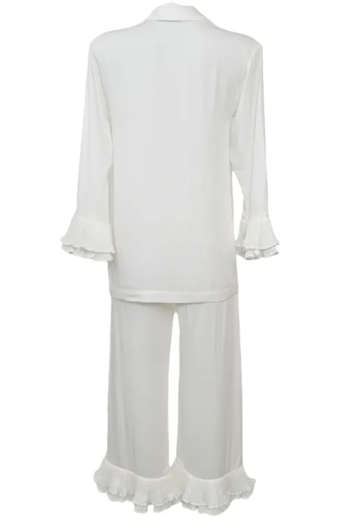 White viscose spread notch collar flounce sleeve shirt and pull-on trouser pyjama set