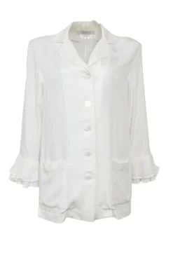 White viscose spread notch collar flounce sleeve shirt and pull-on trouser pyjama set