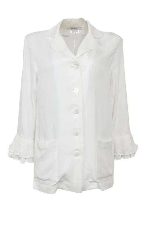 White viscose spread notch collar flounce sleeve shirt and pull-on trouser pyjama set