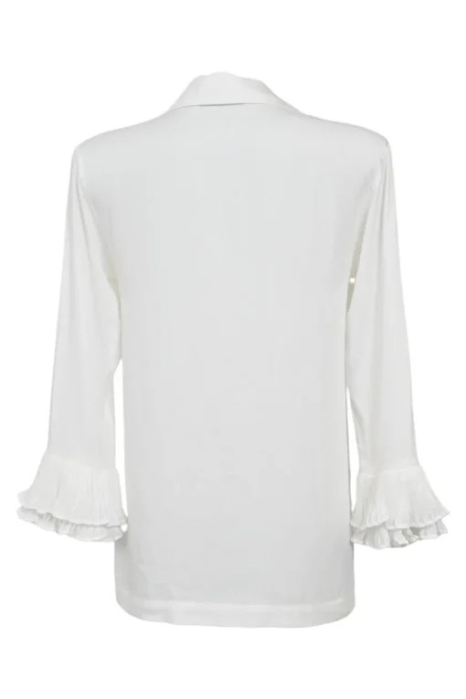 White viscose spread notch collar flounce sleeve shirt and pull-on trouser pyjama set