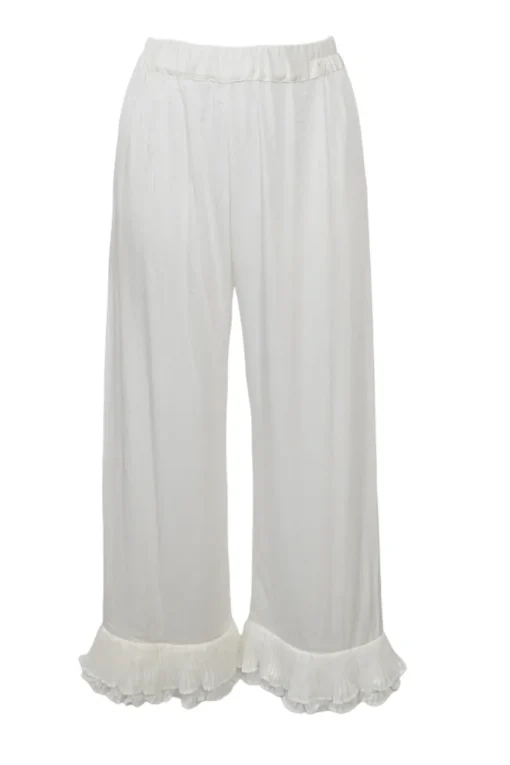 White viscose spread notch collar flounce sleeve shirt and pull-on trouser pyjama set