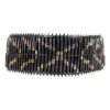 Wide belt in black with white leather weaving on edges and black wooden baguette beads with gold embellishment and gold buckle