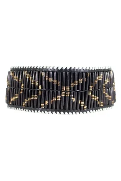 Wide belt in black with white leather weaving on edges and black wooden baguette beads with gold embellishment and gold buckle