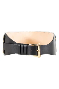Wide belt in black with white leather weaving on edges and black wooden baguette beads with gold embellishment and gold buckle