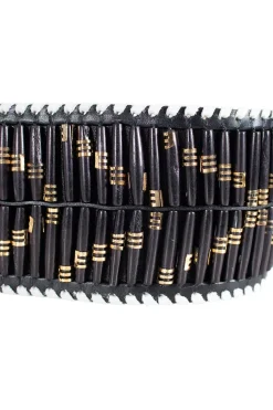 Wide belt in black with white leather weaving on edges and black wooden baguette beads with gold embellishment and gold buckle