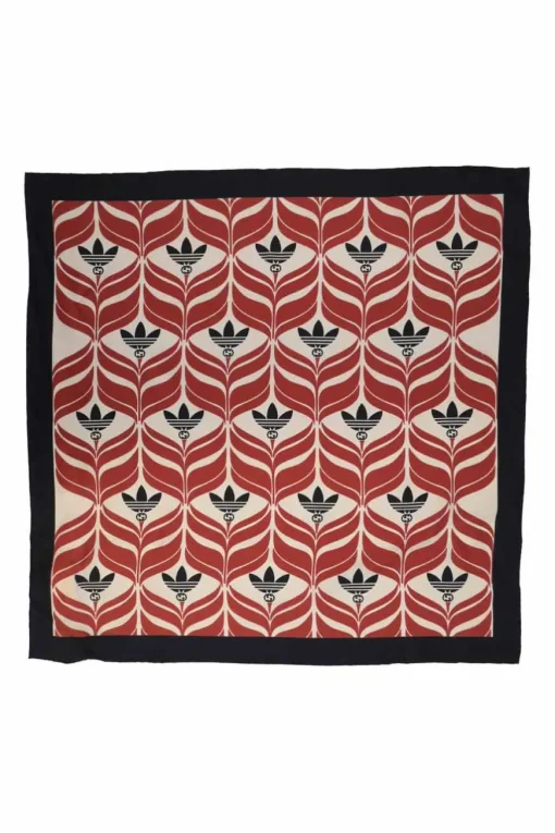 x Adidas black and red silk GG Trifoglio border print scarf