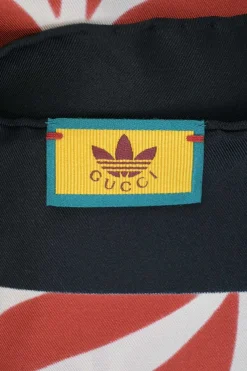 x Adidas black and red silk GG Trifoglio border print scarf