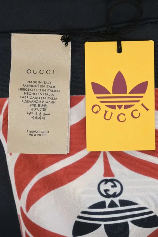 x Adidas black and red silk GG Trifoglio border print scarf
