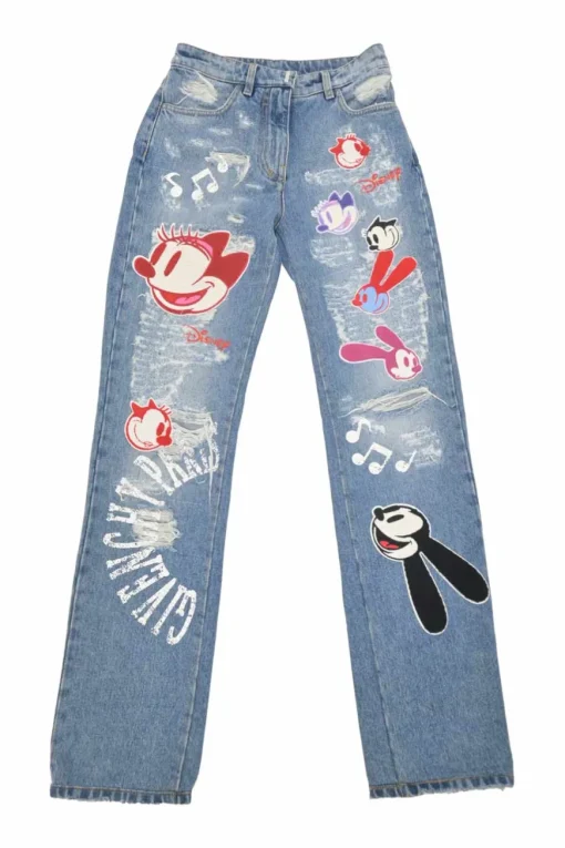 x Disney distressed indigo cotton denim high-rise straight leg LNY jeans featuring Oswald &amp; Ortensia novelty patch appliqué