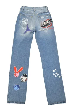 x Disney distressed indigo cotton denim high-rise straight leg LNY jeans featuring Oswald &amp; Ortensia novelty patch appliqué