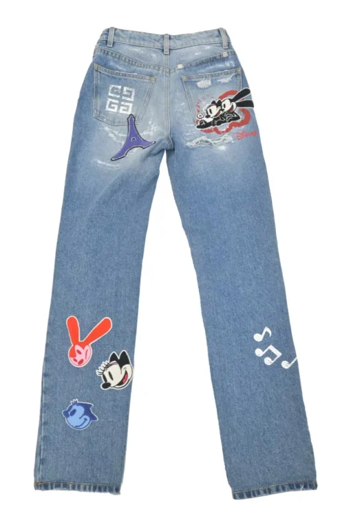 x Disney distressed indigo cotton denim high-rise straight leg LNY jeans featuring Oswald &amp; Ortensia novelty patch appliqué
