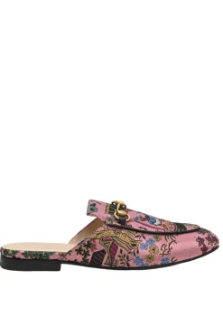 x Disney pink satin jacquard and leather Princetown horsebit slippers