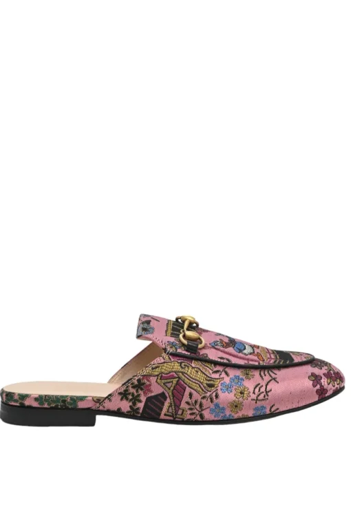 x Disney pink satin jacquard and leather Princetown horsebit slippers