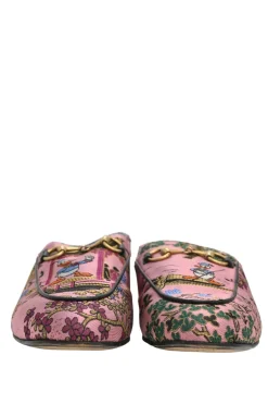 x Disney pink satin jacquard and leather Princetown horsebit slippers